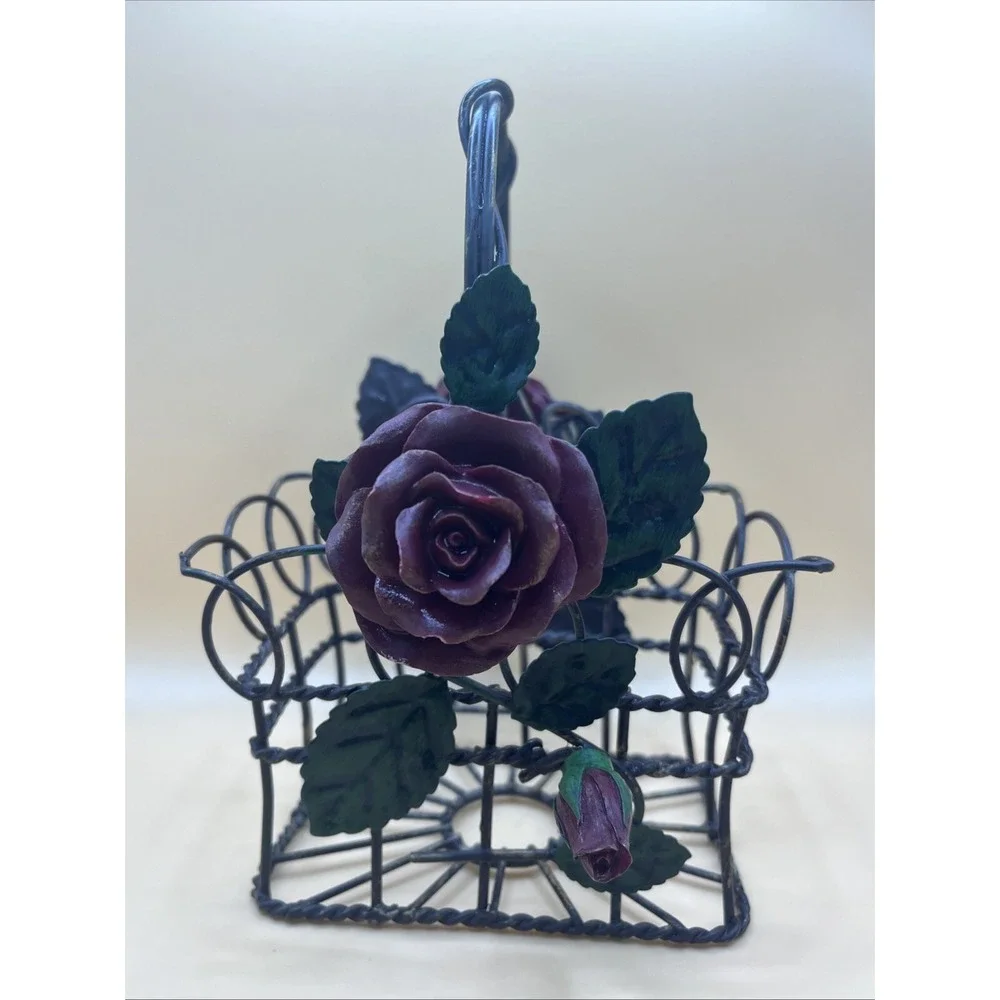 Metal Tole Purple Rose Wire Basket 7.5